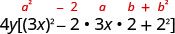 A mathematical expression showing the expansion of a perfect square trinomial, (3x - 2)^2, within brackets, multiplied by 4y, with the general form a^2 - 2ab + b^2 highlighted in red above.